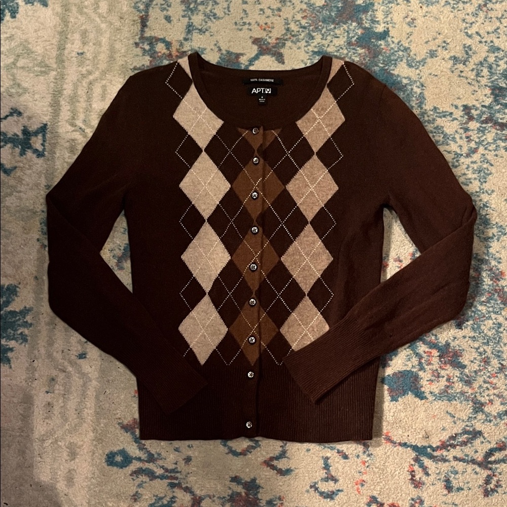 Apt. 9 Brown Argyle cashmere cardigan Sweater size S - XS